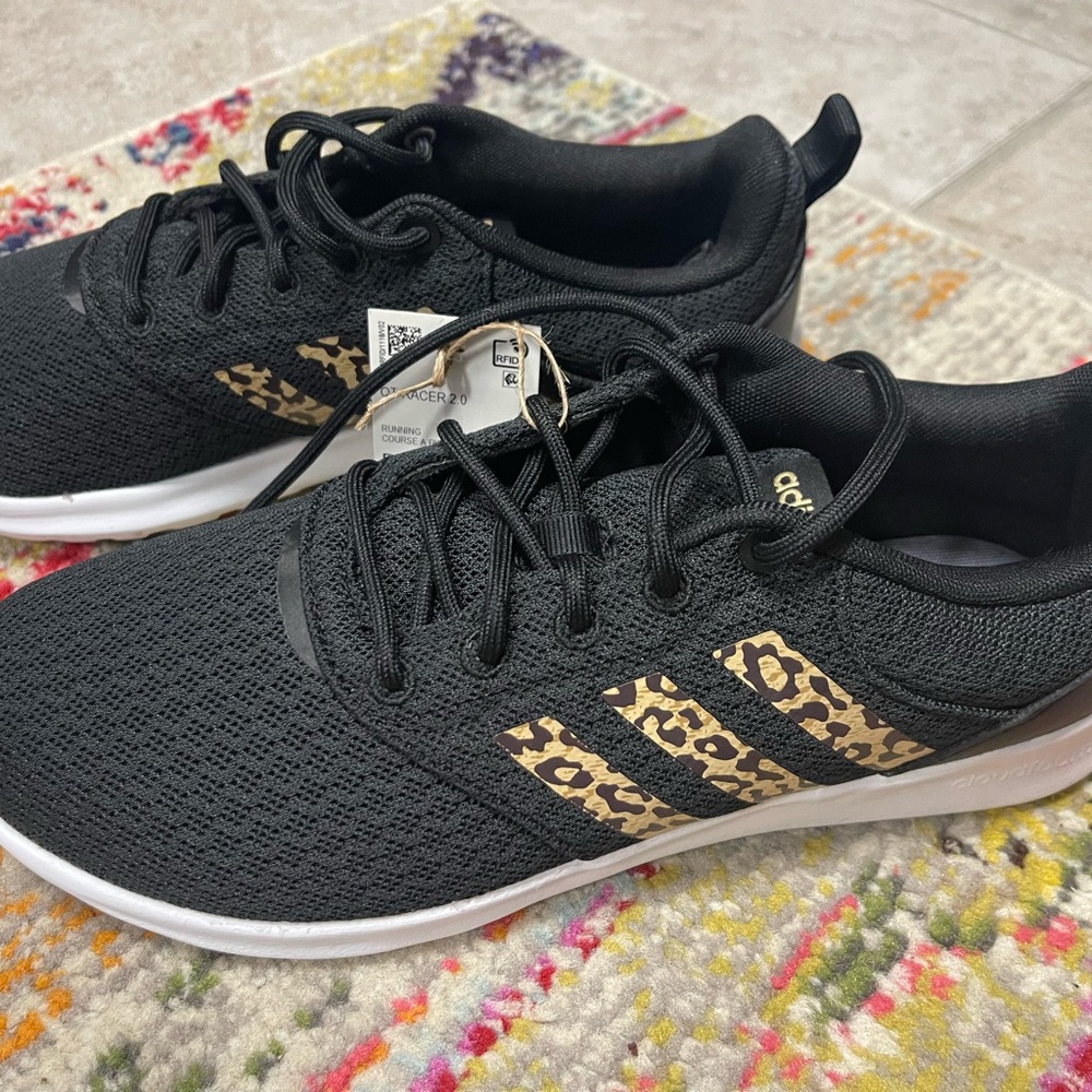 Adidas Black and Leopard Print QT Racer 2.0 Sneakers